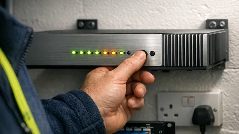 A technician in a small UK business server cupboard reaches up to a wall-mounted perimeter firewall appliance with status LEDs glowing, a laptop balanced on the network rack below.