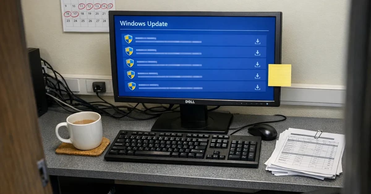 Windows Update interface on office computer monitor showing pending security updates, with patch management documentation on desk