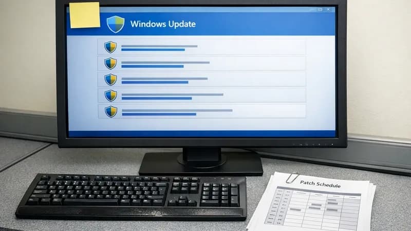 Windows Update interface on office computer monitor showing pending security updates, with patch management documentation on desk