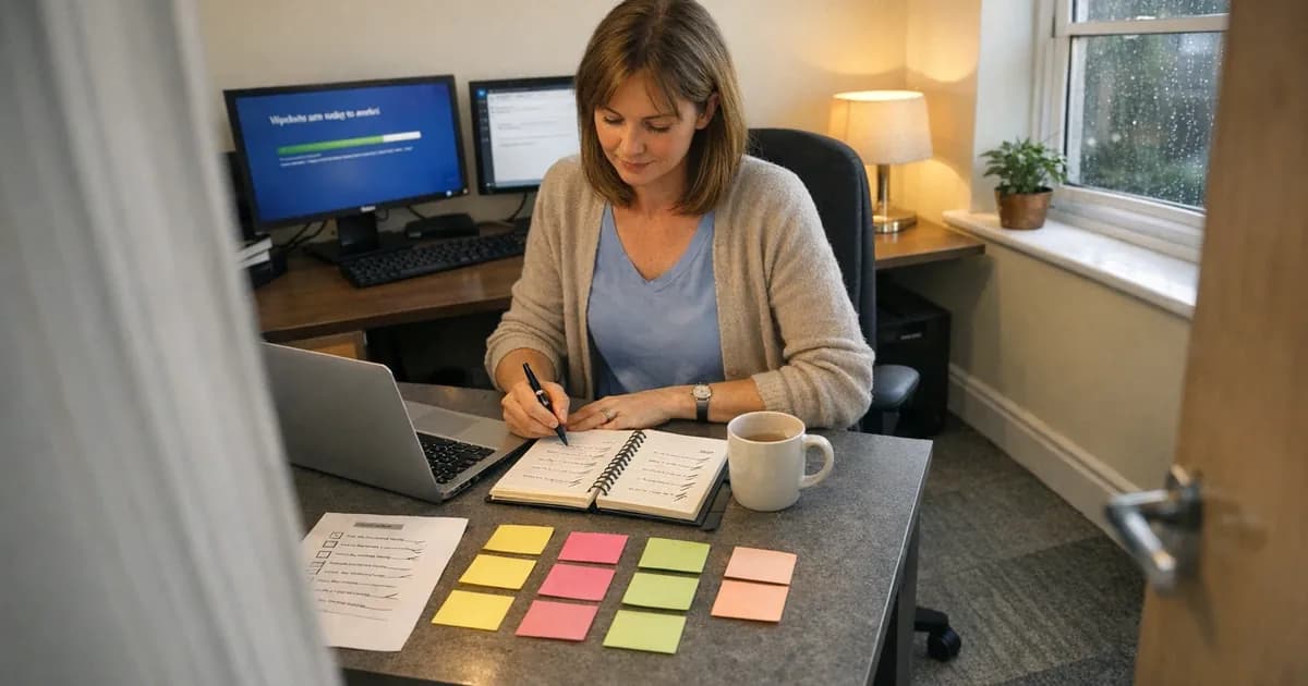 Business desk with handwritten preparation checklist, laptop, and computer monitor showing Windows Update installation progress