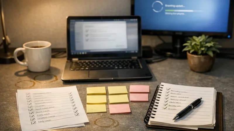 Business desk with handwritten preparation checklist, laptop, and computer monitor showing Windows Update installation progress
