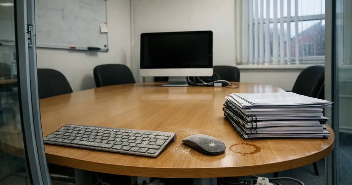 Dusty unused computer with dark screen on a UK office conference table, keyboard covered in dust and pushed aside for stacked meeting agendas, with active workstations visible through a glass partition behind