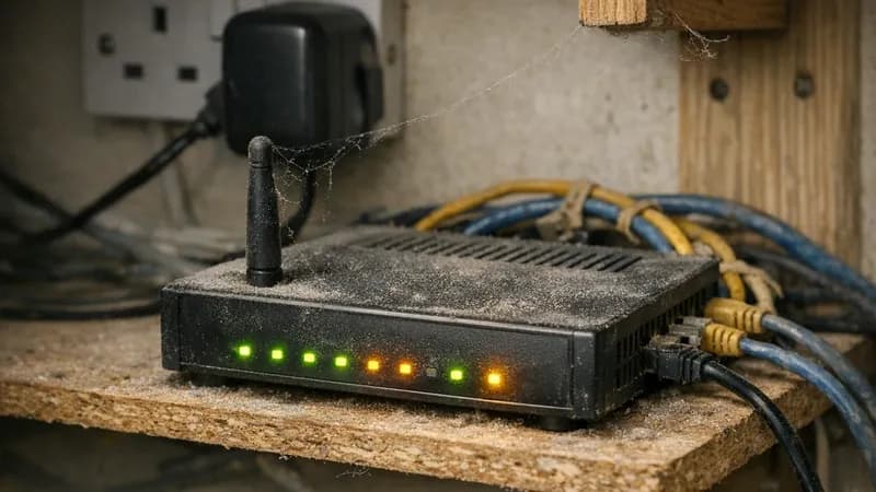 Dusty unused computer with dark screen on a UK office conference table, keyboard covered in dust and pushed aside for stacked meeting agendas, with active workstations visible through a glass partition behind