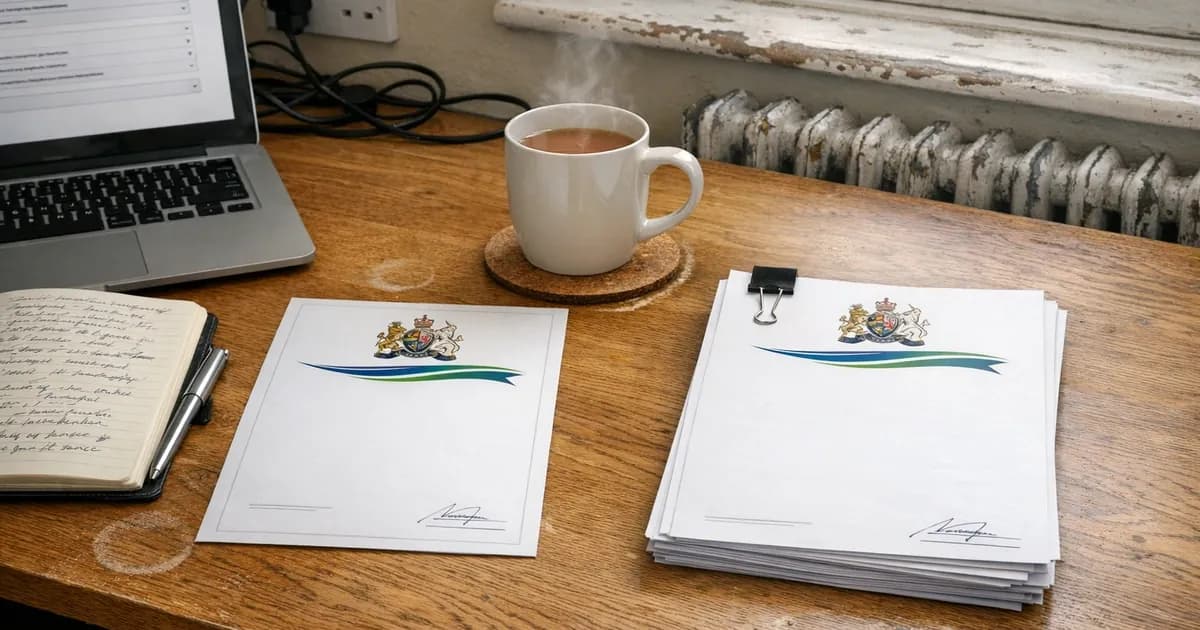 A side-by-side comparison view of two certification documents on a UK office desk, one labelled Cyber Essentials and one labelled Cyber Essentials Plus, with a coffee cup, a notepad with notes about procurement deadlines, and a laptop open showing a vendor questionnaire.