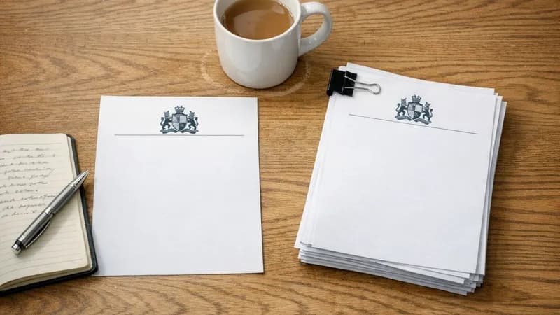 A side-by-side comparison view of two certification documents on a UK office desk, one labelled Cyber Essentials and one labelled Cyber Essentials Plus, with a coffee cup, a notepad with notes about procurement deadlines, and a laptop open showing a vendor questionnaire.