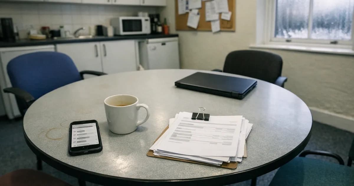 Personal iPhone displaying email interface on office table next to coffee mug and printed documents, illustrating BYOD device usage in workplace