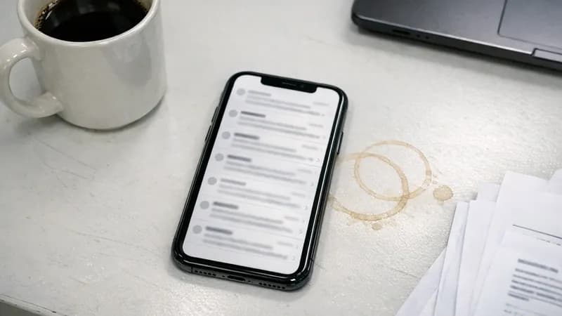 Personal iPhone displaying email interface on office table next to coffee mug and printed documents, illustrating BYOD device usage in workplace