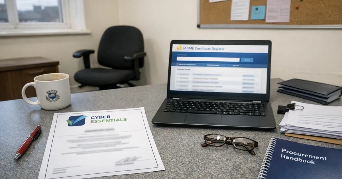 A printed Cyber Essentials certificate on a desk next to a laptop displaying the IASME certificate register website for verification