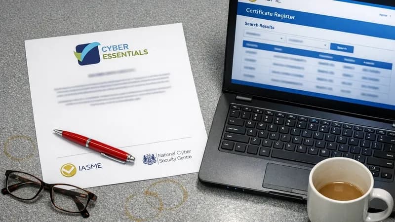 A printed Cyber Essentials certificate on a desk next to a laptop displaying the IASME certificate register website for verification