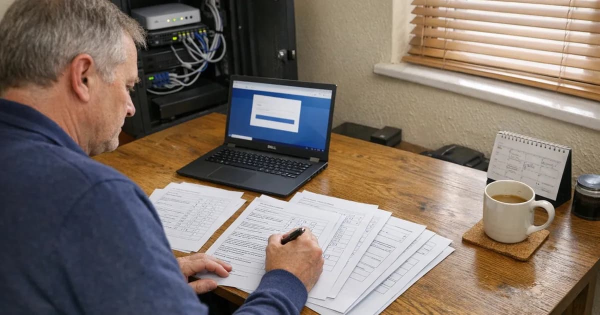 Business owner completing Cyber Essentials Basic assessment questionnaire at desk with laptop showing IASME portal