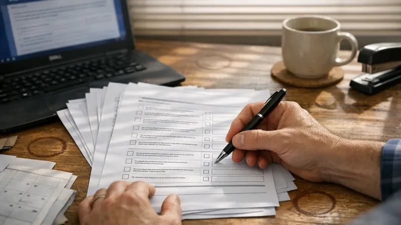 Business owner completing Cyber Essentials Basic assessment questionnaire at desk with laptop showing IASME portal