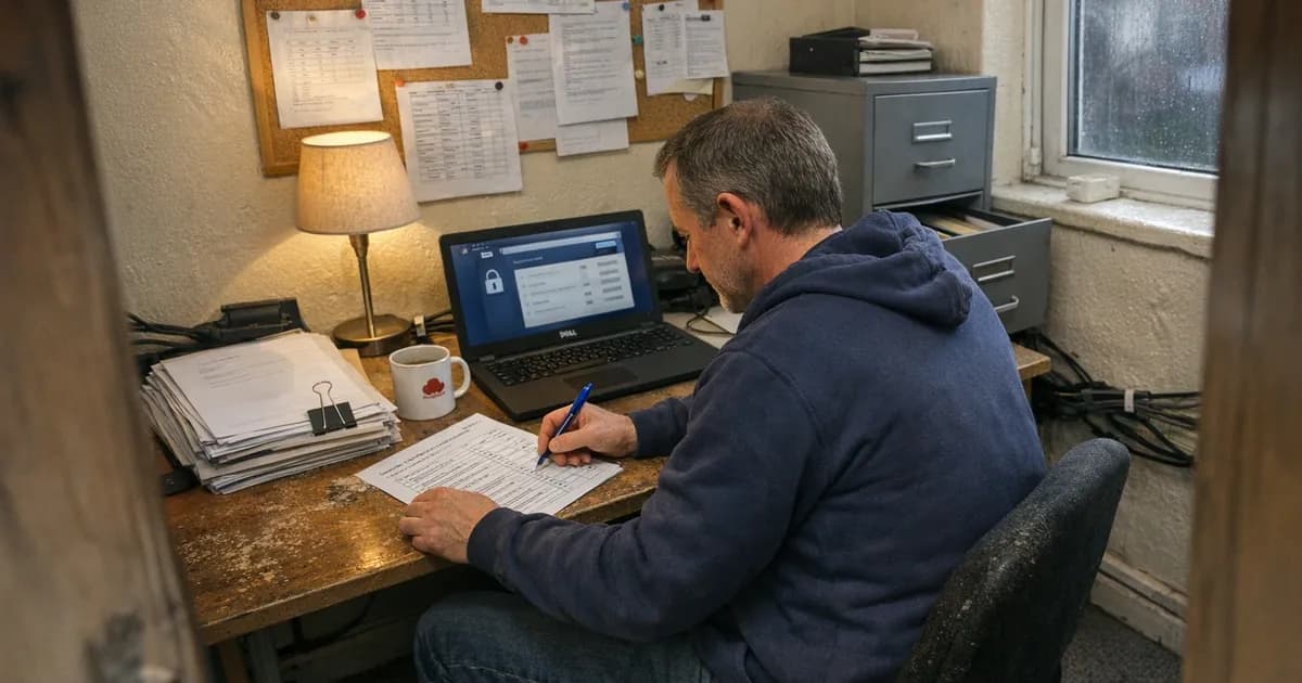 Volunteer completing Cyber Essentials assessment checklist at desk in charity office with laptop and filing cabinet