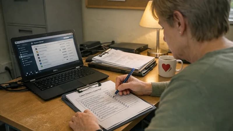 Volunteer completing Cyber Essentials assessment checklist at desk in charity office with laptop and filing cabinet