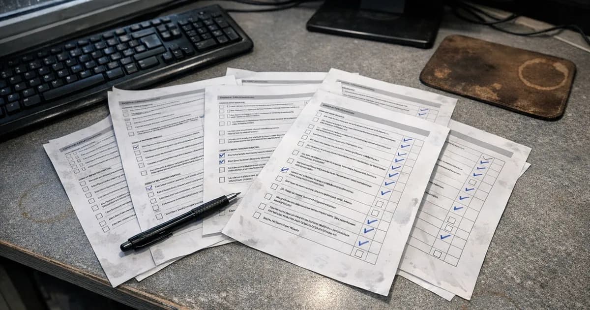 Printed Cyber Essentials checklist pages spread on an office desk with some items ticked off, a pen lying across the papers, showing the preparation process for a CE assessment