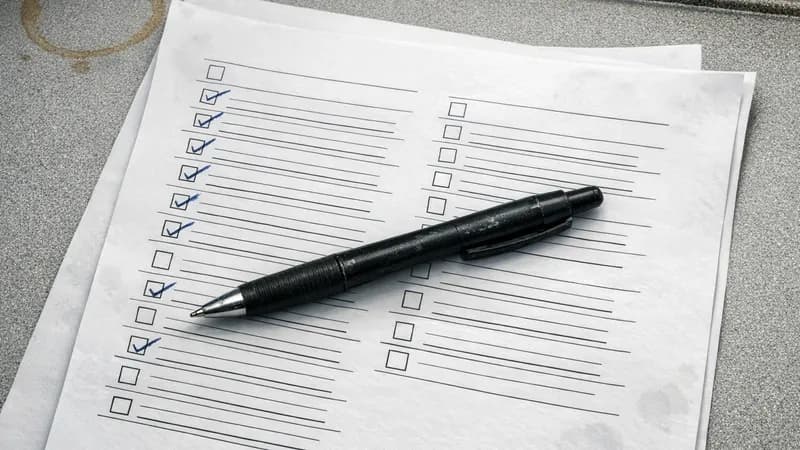 Printed Cyber Essentials checklist pages spread on an office desk with some items ticked off, a pen lying across the papers, showing the preparation process for a CE assessment