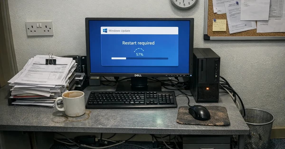 Desktop computer displaying Windows Update notification dialog in small business office with cluttered desk and fluorescent lighting