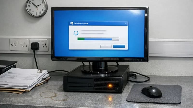 Desktop computer displaying Windows Update notification dialog in small business office with cluttered desk and fluorescent lighting