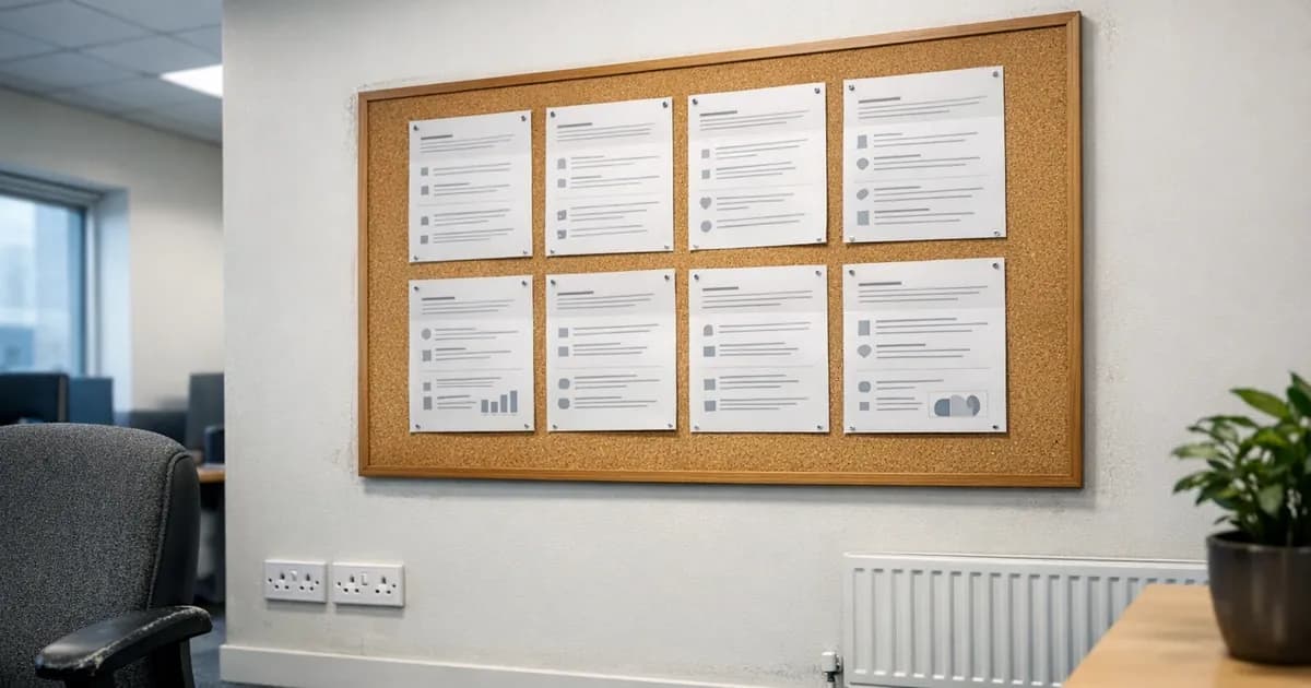 Wall-mounted FAQ display poster showing organised question and answer sheets on office noticeboard