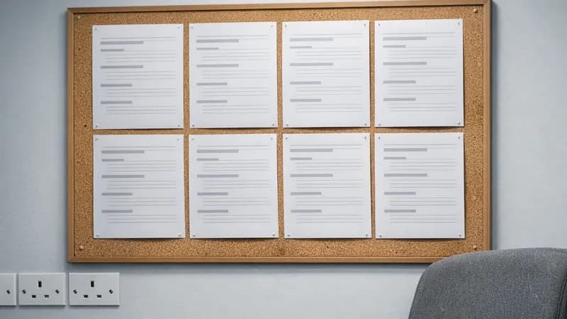 Wall-mounted FAQ display poster showing organised question and answer sheets on office noticeboard