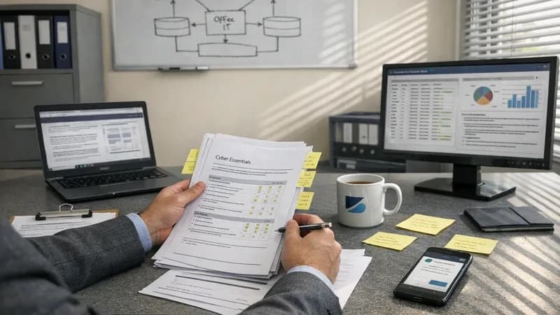 Financial services compliance manager reviewing Cyber Essentials documentation at desk with laptop showing FCA guidance and network diagram on whiteboard behind