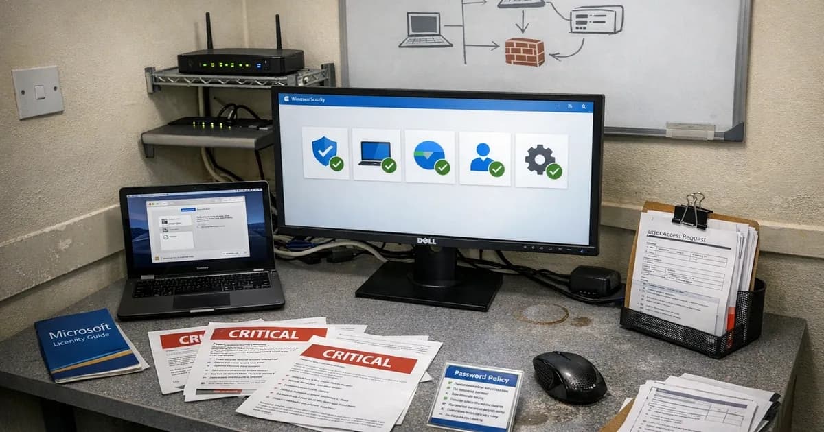 IT manager's desk showing Windows Security Centre interface with compliance materials in a UK office setting