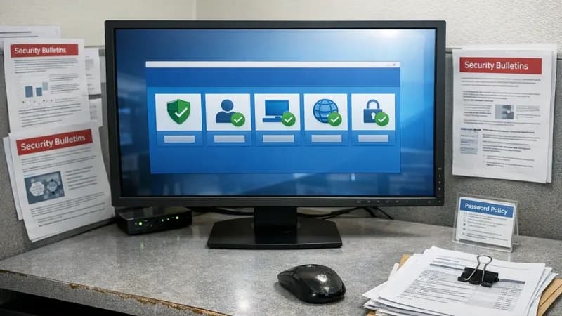 IT manager's desk showing Windows Security Centre interface with compliance materials in a UK office setting