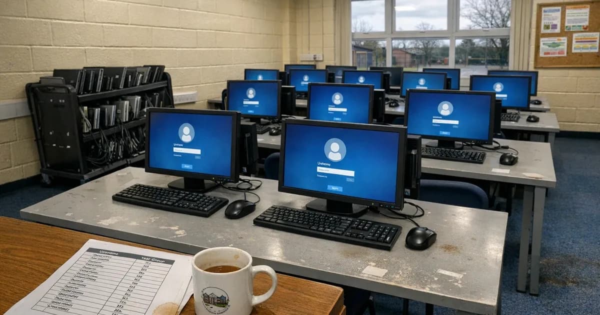 UK primary school computer suite with shared desktop workstations showing Windows login screens and laptop trolley, illustrating individual user account requirements for Cyber Essentials compliance