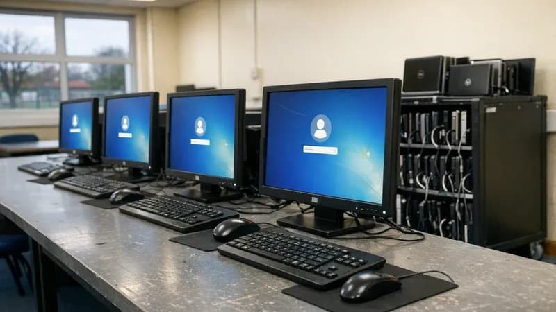 UK primary school computer suite with shared desktop workstations showing Windows login screens and laptop trolley, illustrating individual user account requirements for Cyber Essentials compliance