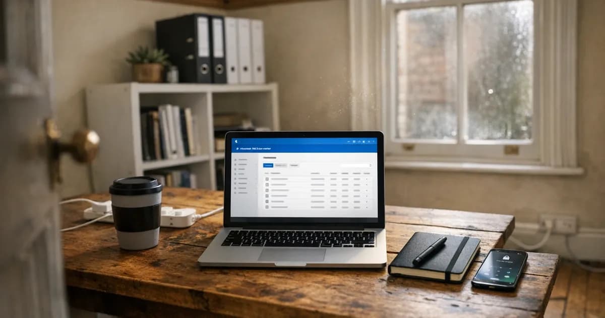 MacBook Pro displaying Microsoft 365 admin center interface on a wooden desk in a small UK startup office