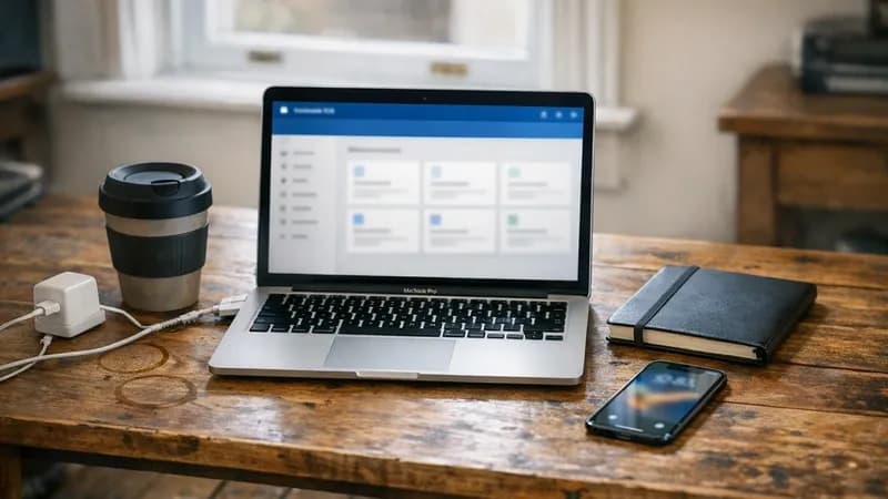 MacBook Pro displaying Microsoft 365 admin center interface on a wooden desk in a small UK startup office