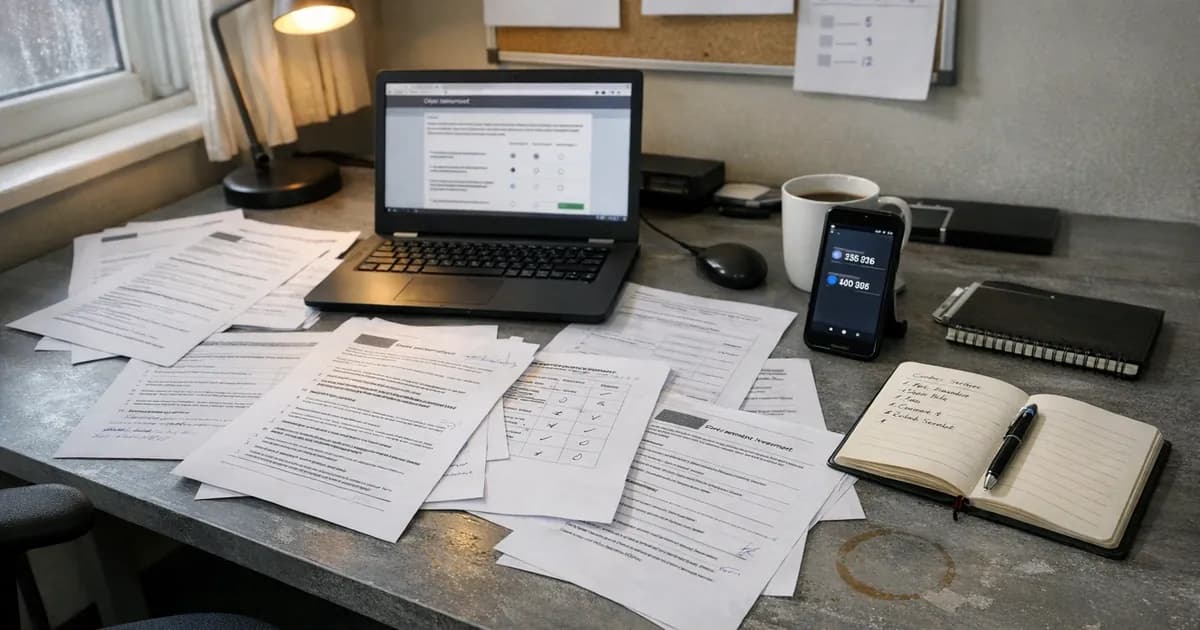 Office desk with Cyber Essentials assessment paperwork, laptop showing online form, smartphone with authenticator app, and handwritten notes