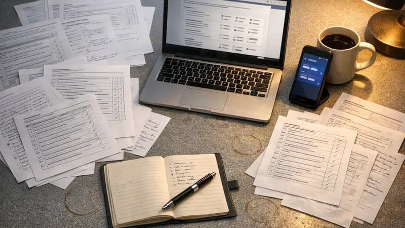 Office desk with Cyber Essentials assessment paperwork, laptop showing online form, smartphone with authenticator app, and handwritten notes
