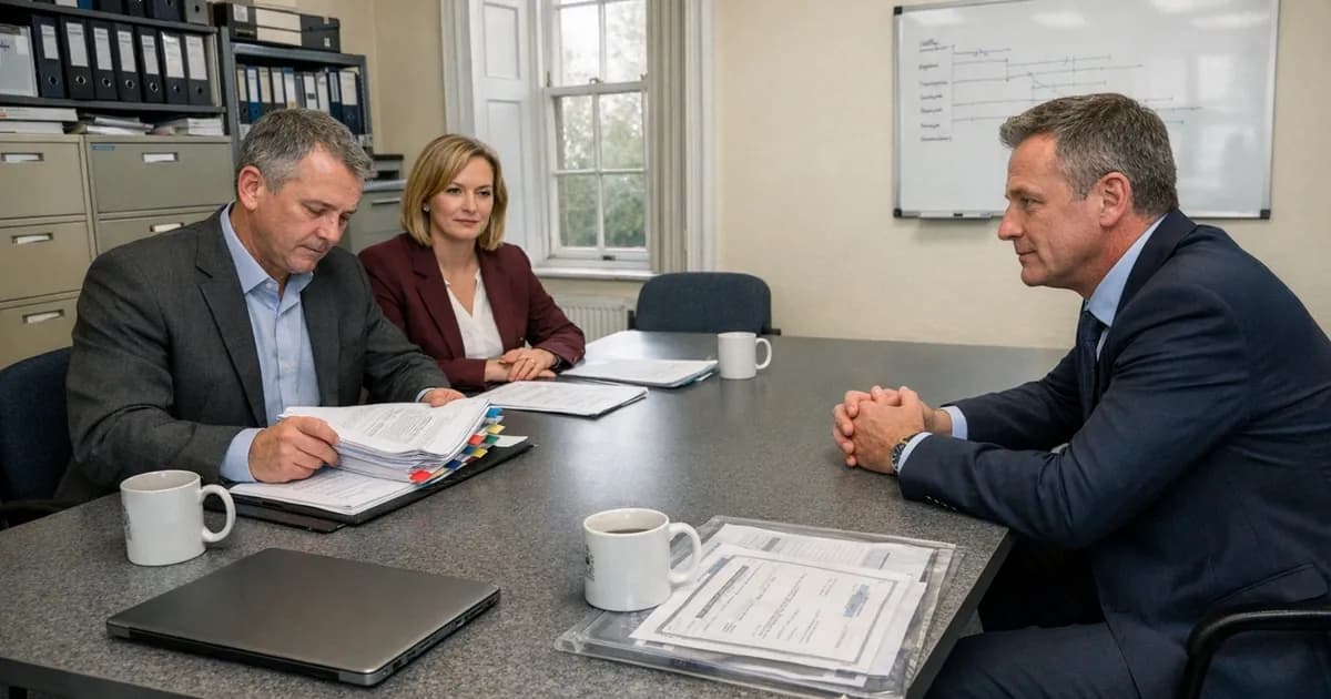 Government procurement meeting between facilities management director and procurement officers reviewing tender documents and compliance requirements at meeting table in Victorian government building