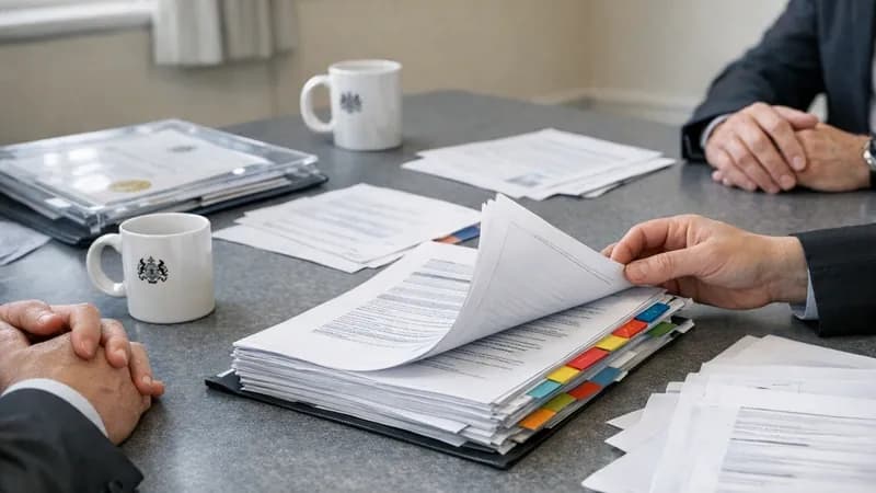 Government procurement meeting between facilities management director and procurement officers reviewing tender documents and compliance requirements at meeting table in Victorian government building