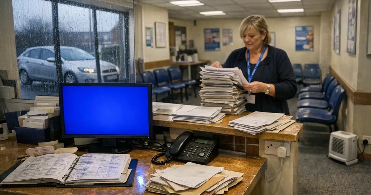 NHS GP surgery reception desk with computer showing Windows error screen while staff sort patient records manually on paper