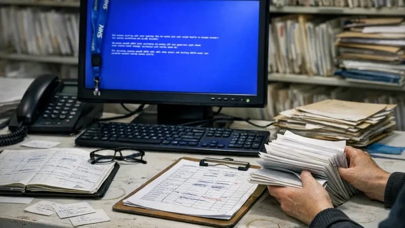 NHS GP surgery reception desk with computer showing Windows error screen while staff sort patient records manually on paper