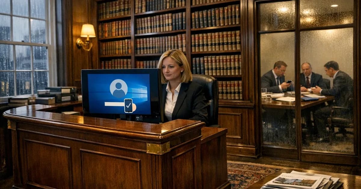 A law firm reception desk showing a computer monitor with multi-factor authentication login screen, surrounded by traditional legal office furnishings including leather-bound law books and mahogany fixtures