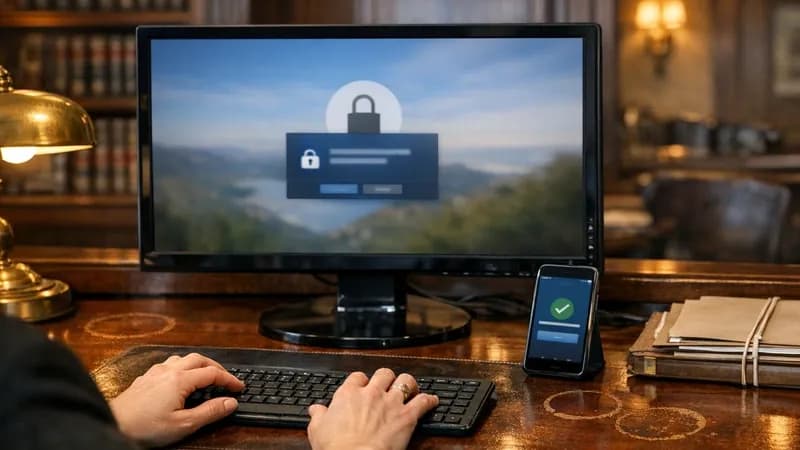 A law firm reception desk showing a computer monitor with multi-factor authentication login screen, surrounded by traditional legal office furnishings including leather-bound law books and mahogany fixtures