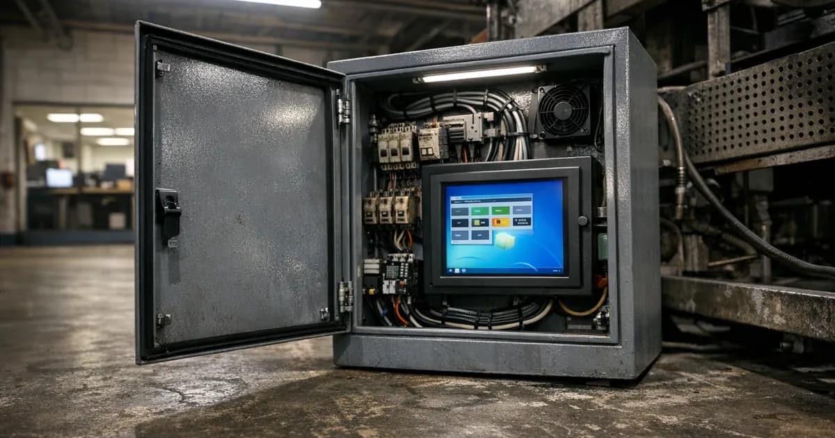 Industrial control cabinet with embedded Windows 7 touchscreen controller displaying production monitoring interface, showing the challenge of legacy systems in manufacturing environments
