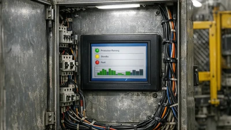 Industrial control cabinet with embedded Windows 7 touchscreen controller displaying production monitoring interface, showing the challenge of legacy systems in manufacturing environments