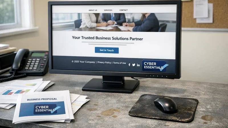 Computer monitor showing a business website with the Cyber Essentials certification badge displayed in the footer, with printed materials on a desk showing the same badge