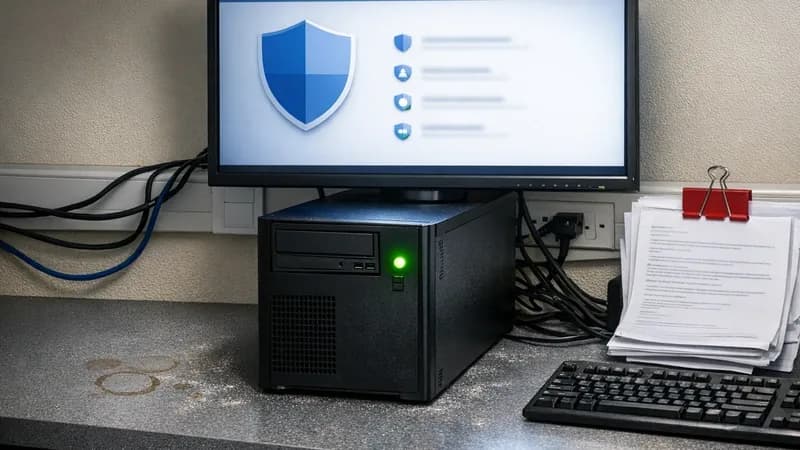 Desktop computer with Windows Security antivirus dashboard displayed on monitor in UK office setting