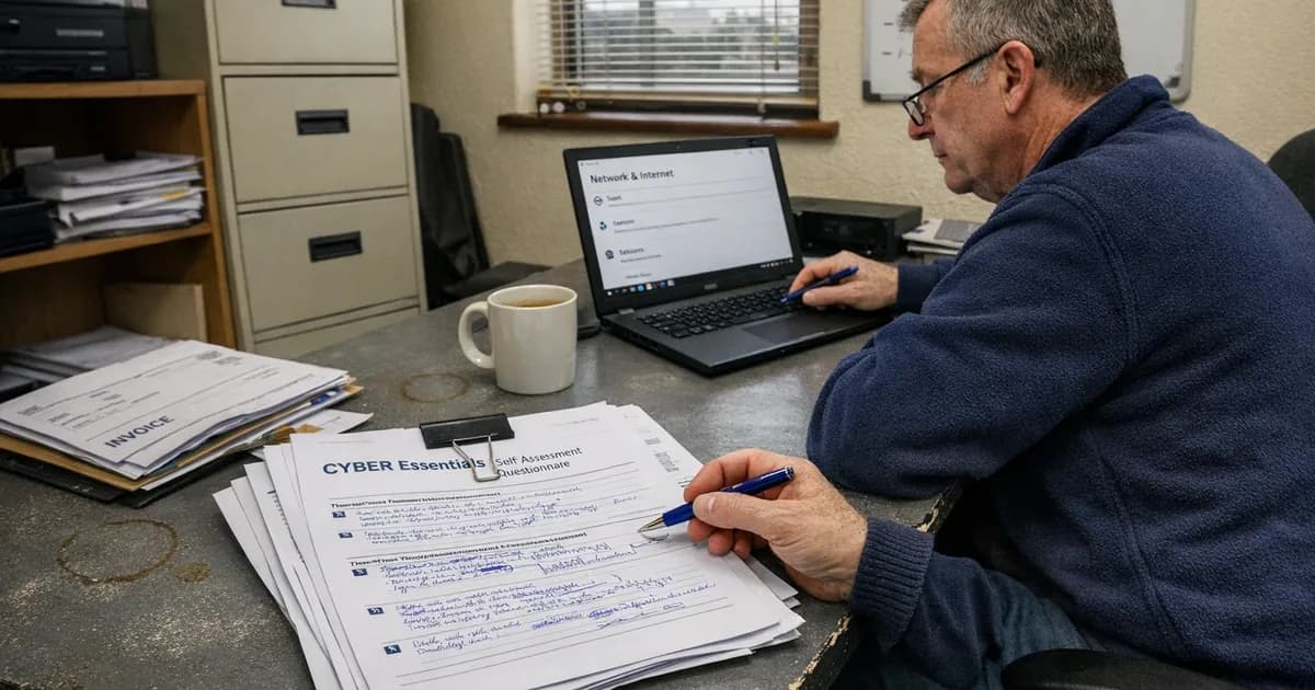 A business owner filling out a printed Cyber Essentials self-assessment questionnaire at a desk, cross-referencing with a laptop screen in a UK small business office