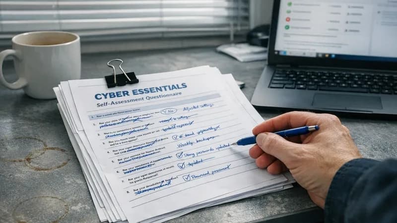 A business owner filling out a printed Cyber Essentials self-assessment questionnaire at a desk, cross-referencing with a laptop screen in a UK small business office