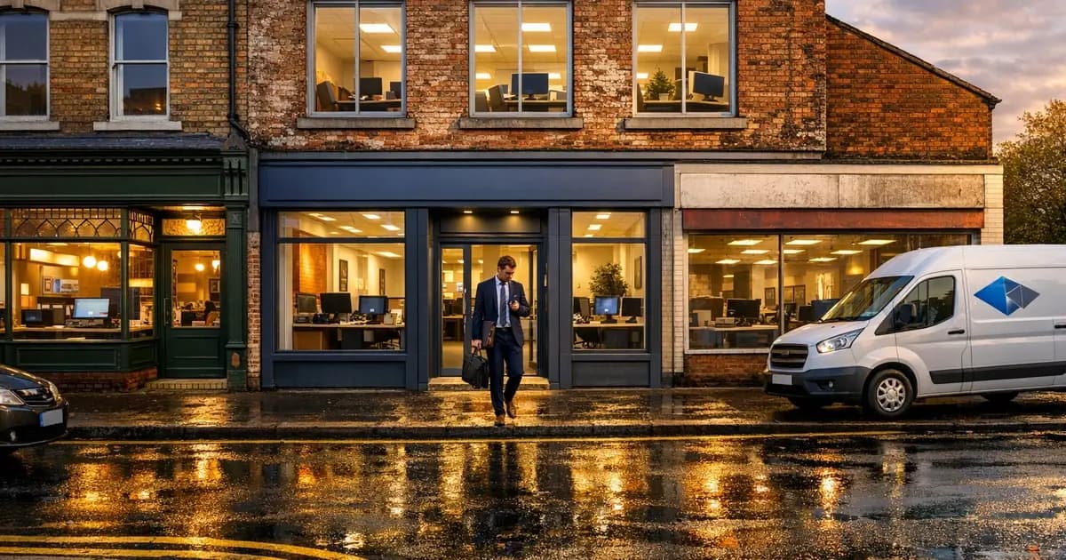 Multi-unit business building showing three connected retail premises with different architectural styles representing the complexity of managing IT systems across multiple business locations
