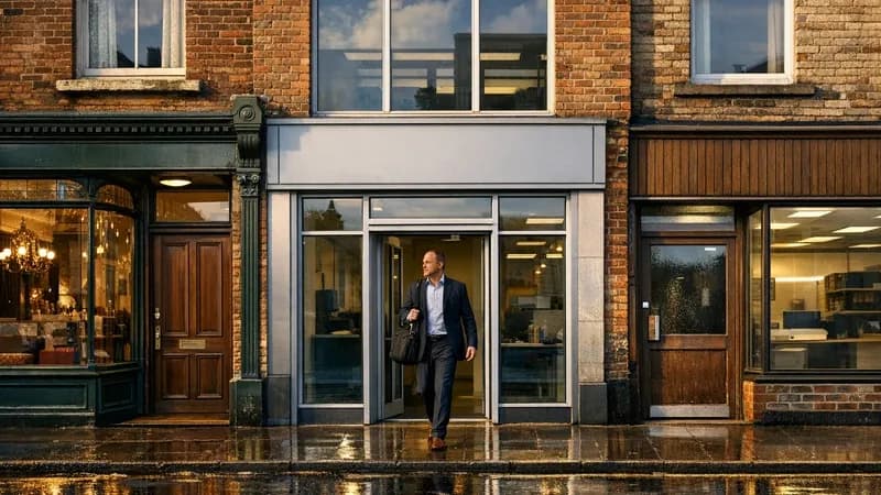 Multi-unit business building showing three connected retail premises with different architectural styles representing the complexity of managing IT systems across multiple business locations