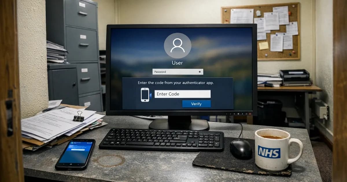 Computer monitor showing Windows login screen with multi-factor authentication prompt, smartphone displaying authenticator app notification on office desk