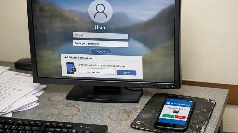 Computer monitor showing Windows login screen with multi-factor authentication prompt, smartphone displaying authenticator app notification on office desk