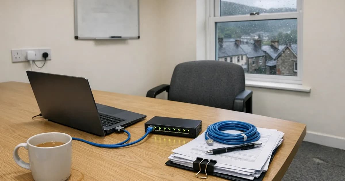 Assessor's laptop connected by ethernet cable to a network switch on a meeting table in a small Welsh office during a Cyber Essentials Plus on-site assessment
