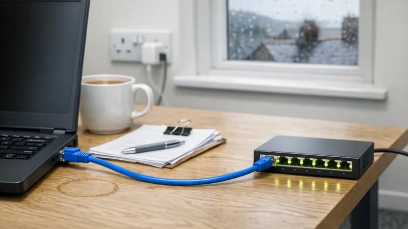 Assessor's laptop connected by ethernet cable to a network switch on a meeting table in a small Welsh office during a Cyber Essentials Plus on-site assessment